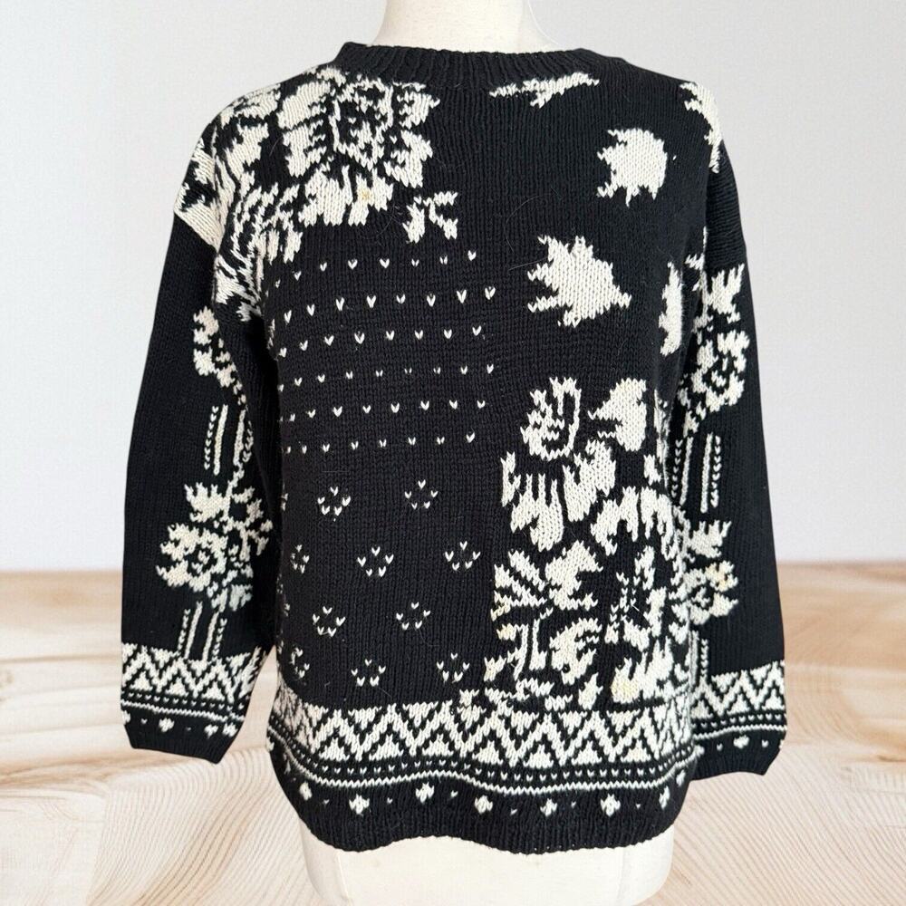 Marshall Field's Vintage Floral Intarsia‎ Sweater Sz L Black White Cotton Blend